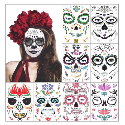 Buy Halloween Temporary Face Tattoo, RUEOO Day of the Dead Sugar Skull ...