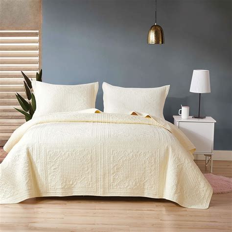 Unimall Quilted Bedspread King Size Plain Beige 3 Piece Cotton ...