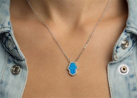 Hamsa Women's Necklace Blue Opal Pendant Sterling Silver Chain With Cr – Lulugem.com