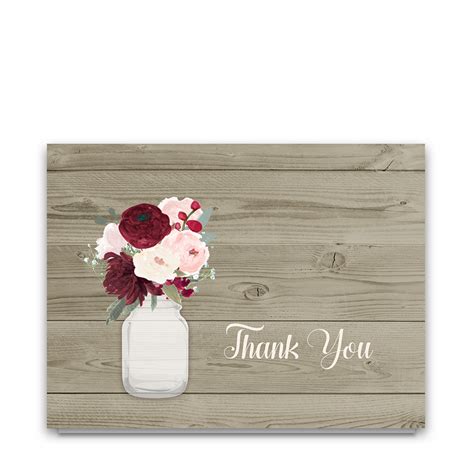 Rustic Mason Jar Burgundy Floral Thank You Cards