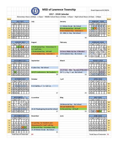 2017 - 2018 School Year Calendar | Metropolitan School District of ...