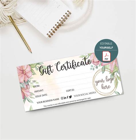 Floral Gift Certificate Templates ADD YOUR LOGO Gift - Etsy