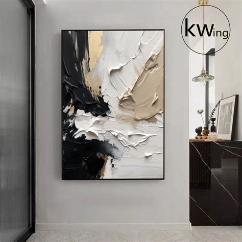 Buy Large Beige Abstract Painting,black and White Beige Wall Art,white and Gold Wall Art,black ...