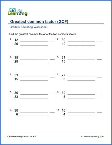 Grade 5 Factoring Worksheets: Greatest Common Factor of two numbers ...