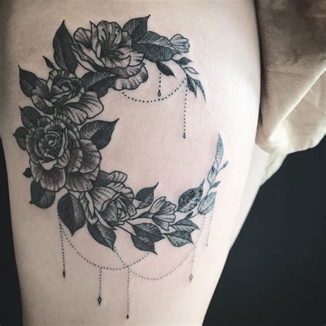 Roses crescent moon roses tattoo on a thigh. Black and grey with dot work. | Cool tattoos, Rose ...