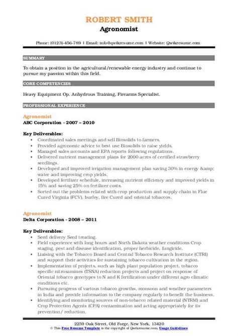 Agronomist Resume Samples | QwikResume