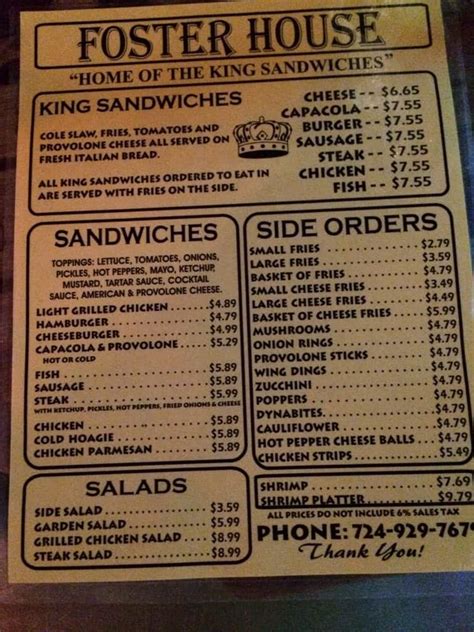 Menu at Foster House restaurant, Belle Vernon, 426 Broad Ave