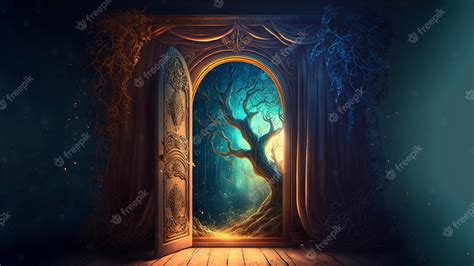 Premium Photo | Ornate magic fantasy door to magic tree area neural ...