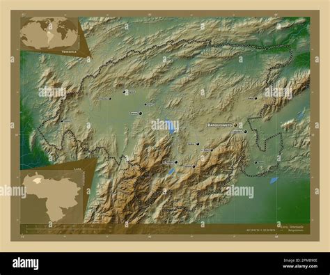 Lara, state of Venezuela. Colored elevation map with lakes and rivers. Locations and names of ...