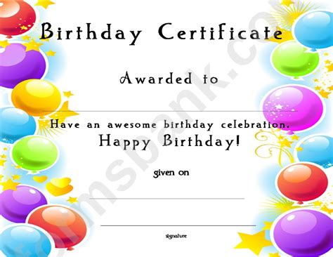 Birthday Certificate printable pdf download