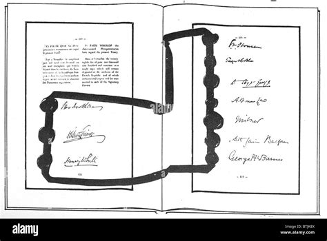 World War I, The first two pages of signatures on the Treaty of Versailles, ending World War I ...