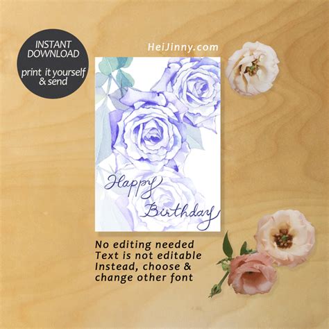 Watercolor Floral, Blue Rose Birthday Card Template, 5 x 7, Printable ...