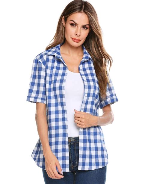 SUNAELIA Womens Plaid Flannel Shirt Short Sleeve Boyfriend Button Down Cotton Casual Blouse ...