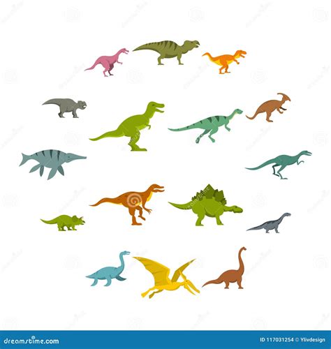 Dinosaur Icons Set in Flat Style Stock Vector - Illustration of ...