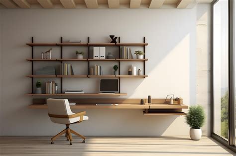 Premium AI Image | A home office with a minimalist wallmounted shelving ...