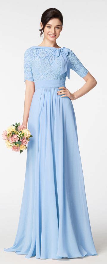 Modest Light Blue Prom Dresses with Elbow Sleeves and Bow | Light blue prom dress, Grey ...