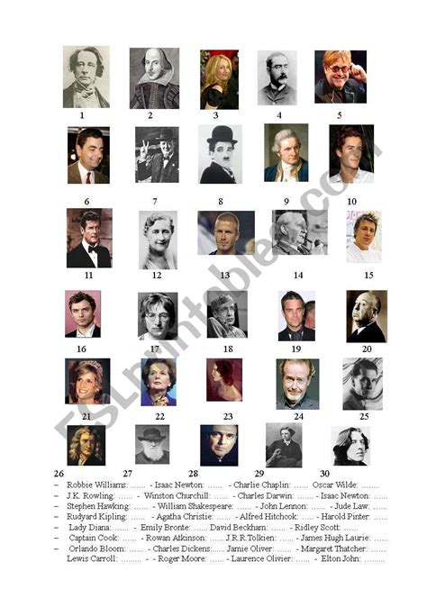 Famous British people (matching exercise) - ESL worksheet by Sal Paradise