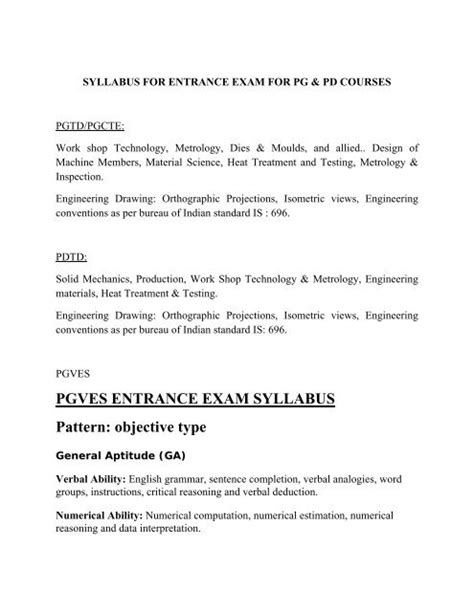 PGVES ENTRANCE EXAM SYLLABUS Pattern: objective type