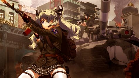 Wallpaper : gun, anime girls, weapon, tank, skirt, original characters, AK 47, military, comics ...