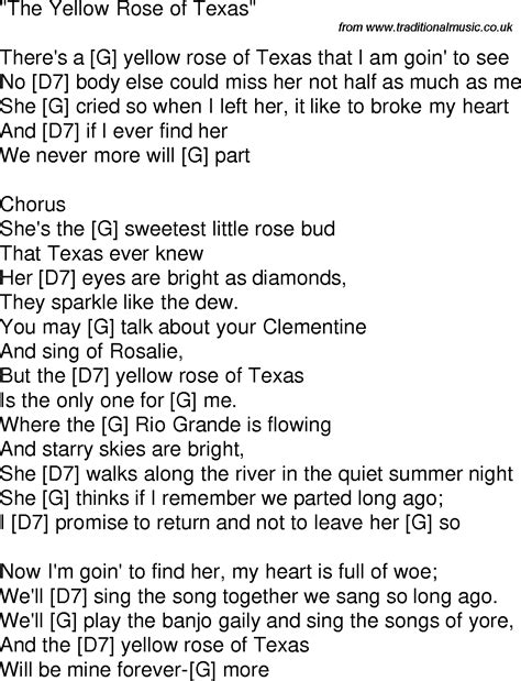 Old time song lyrics with guitar chords for Yellow Rose Of Texas G