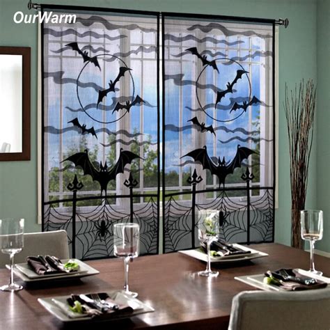 Ourwarm 2Pcs Halloween Curtains Spider Bat Black Lace Window Curtain for Living Room Window ...