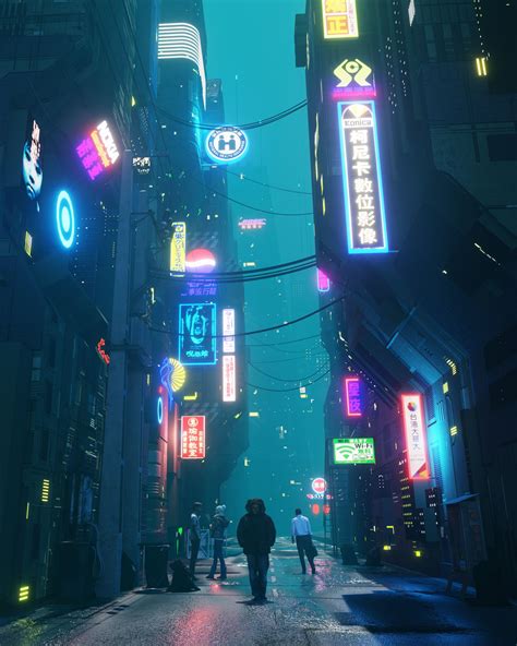 Neon Street, on ArtStation at https://www.artstation.com/artwork/zA2B0D | Cyberpunk city ...