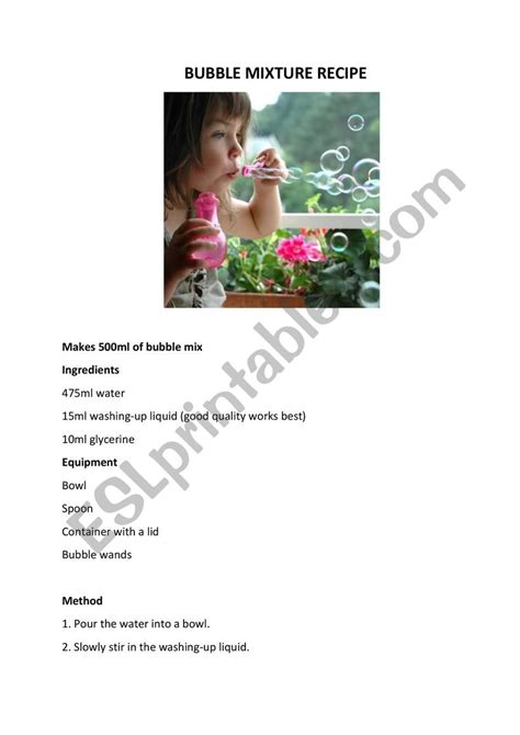 Bubble Mixture Recipe - ESL worksheet by FRIEDA76