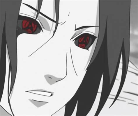 an anime character with red eyes and long black hair, staring at the camera while wearing a ...