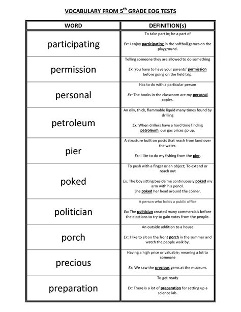 5th Grade Vocabulary Worksheets