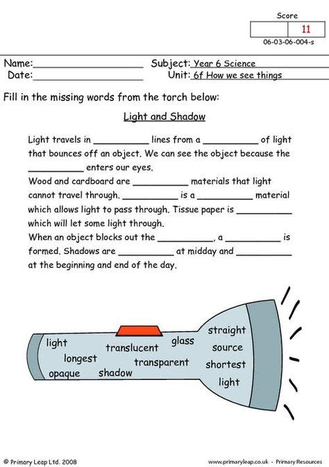 PrimaryLeap.co.uk - Light and shadow Worksheet | Science worksheets, Light science, 4th grade ...