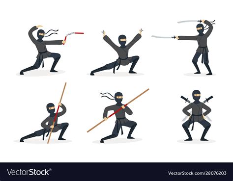 Ninja shows different tricks with weapons set Vector Image