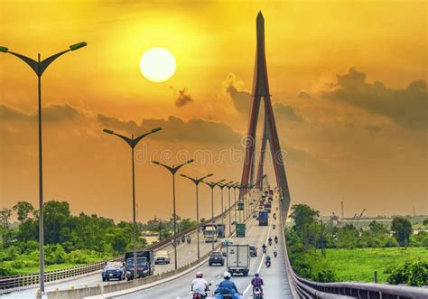 Heavy Traffic on Can Tho Bridge at Sunset Sky. Editorial Stock Photo ...