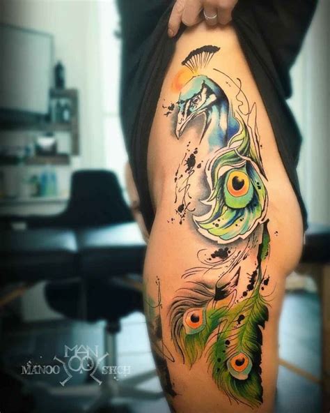 Watercolor Peacock Tattoo on Hip | Best Tattoo Ideas Gallery