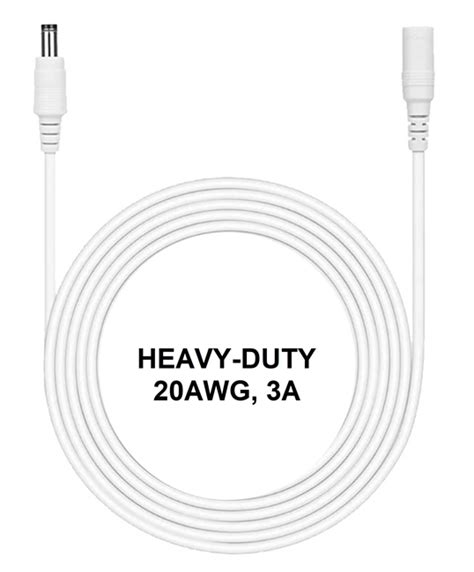 10-ft Power Extension Cable (White) - HEAVY-DUTY - 20AWG - 3A - 5.5mm x ...