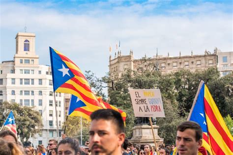 BARCELONA, SPAIN - OCTOBER 3, 2017: Demonstrators Bearing Catalan Flags ...