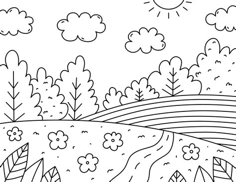 Cute kids coloring page. Landscape with clouds, trees, bushes, flowers, field and road. Vector ...