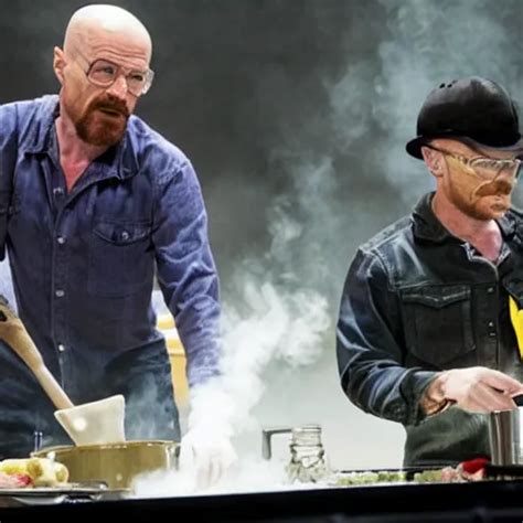 Walter White and Jesse Pinkman cooking meth on a stage | Stable Diffusion | OpenArt