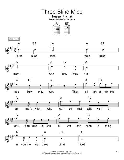 Three Blind Mice - Sheet Music - FreewheelinGuitar.com