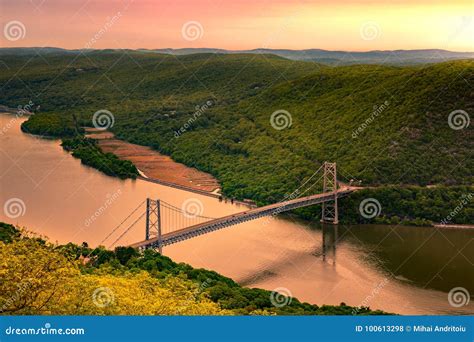 Aerial View of Bear Mountain Bridge at Sunrise Stock Photo - Image of american, suspension ...