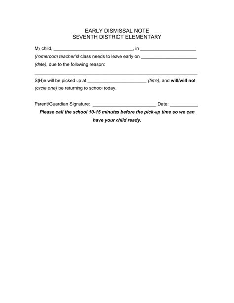 Early Dismissal Letter From Parent Template