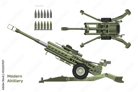 Modern artillery. Isolated 3d cannon. Top, side view of military weapon. Army gun with ...