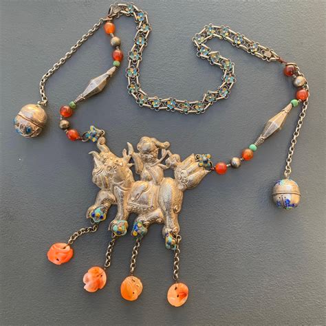 Vintage Chinese Mongolian Carved Carnelian Turquoise Silver Enamel Necklace For Sale at 1stDibs ...