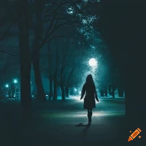 Woman walking alone in park at night on Craiyon