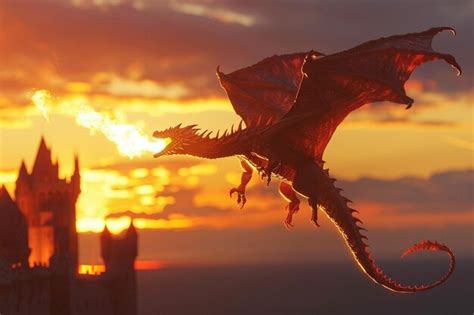 Premium Photo | Firebreathing dragon flying over a medieval castle