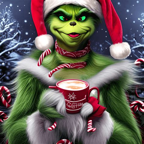 The Grinch Drinking Coffee with Amazing Hyper Detailed Cute Christmas Detailed Melanin Girl ...