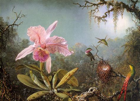 Oil Painting Reproduction of Heade- Cattleya Orchid and Three Brazilian Hummingbirds