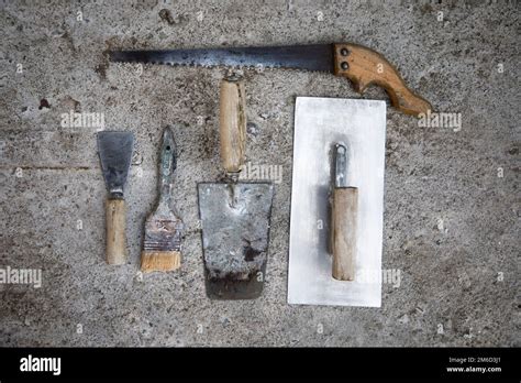 Old masonry tools, Construction masonry cement mortar tools Stock Photo ...