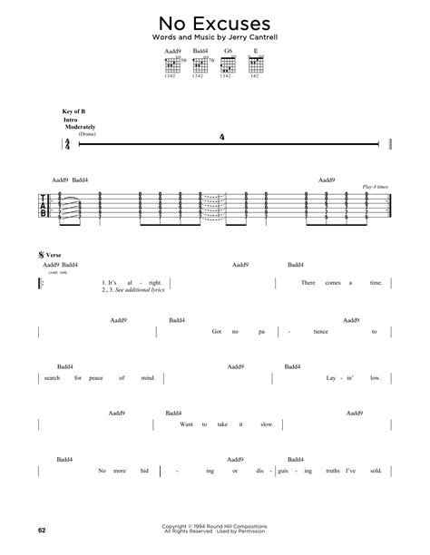 No Excuses Sheet Music | Alice In Chains | Guitar Lead Sheet