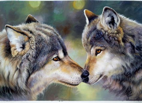 Sweet Gray Wolf Couple Portrait - Other Animals, Birds, & Fish - Animals Paintings | Grey wolf ...