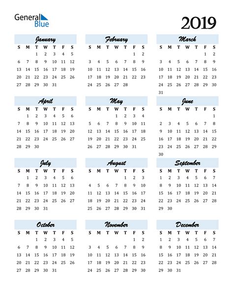 2019 Calendar (PDF, Word, Excel)